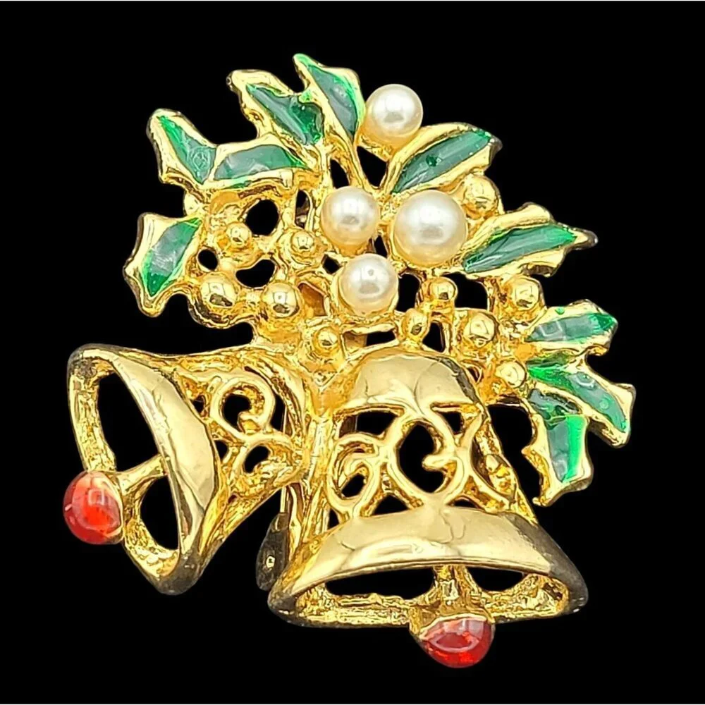 Vintage Gold-tone Bell & Holly Brooch Pin Faux Pearls Red & Green Enamel - Picture 1 of 3